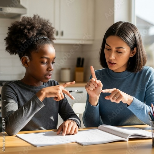 Sign Language Interpreter Helping Girl With Homework at Home During Inclusive Education Tutoring Session
