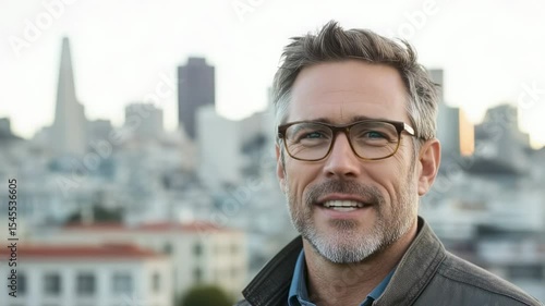 Man in glasses speaking with a city skyline backdrop