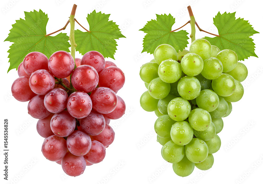 Fototapeta premium Grapes with leaves and water isolated on white or transparent background. PNG