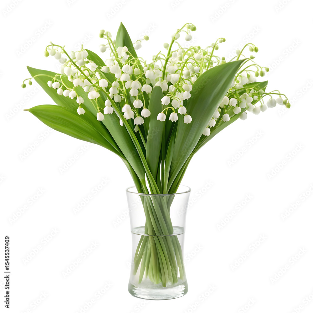 Obraz premium bunch of lilly of valley flowers in glass vase isolated on a transparent background