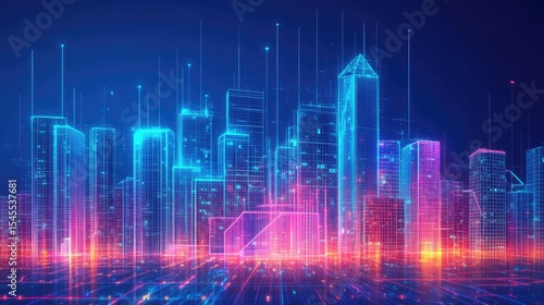 Futuristic city skyline with glowing lines.