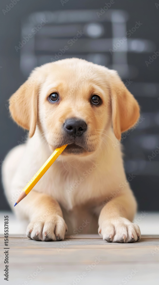 Cheerful Labrador Puppy With Pencil in Mouth Plays Near Chalkboard With Math Equations in Bright Studio Setting Cheerful Labrador Puppy With Pencil in Mouth Plays Near Chalkboard With Math Equations in Bright Studio Setting