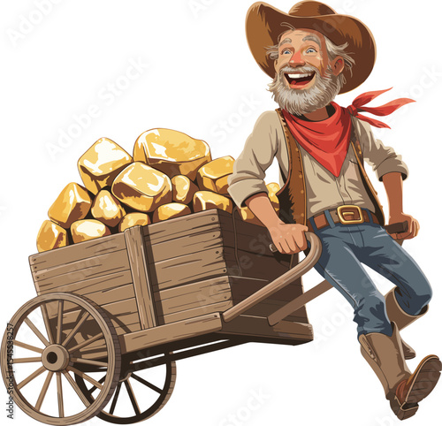 Happy Gold Miner Pushing a Wooden Cart Full of Shiny Gold Nuggets, Celebrating Success and Discovery