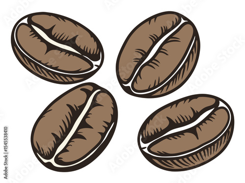 Four brown coffee beans isolated on white background illustration representing caffeine and deliciousness.