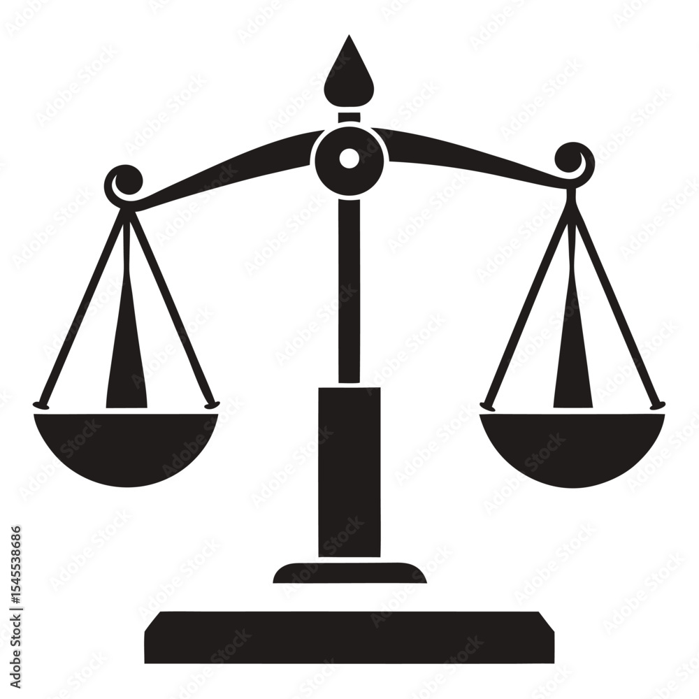 Black silhouette illustration of justice scales representing law fairness and legal equilibrium. Black silhouette illustration of justice scales representing law fairness and legal equilibrium.