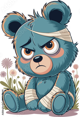 Injured Blue Teddy Bear with Bandages and Sad Eyes, Sitting in a Field of Flowers