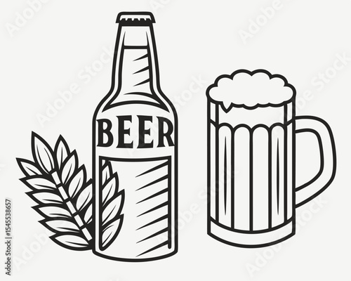 Refreshing Beer Mug And Bottle Illustration For Pub Design And Brewery Advertising.