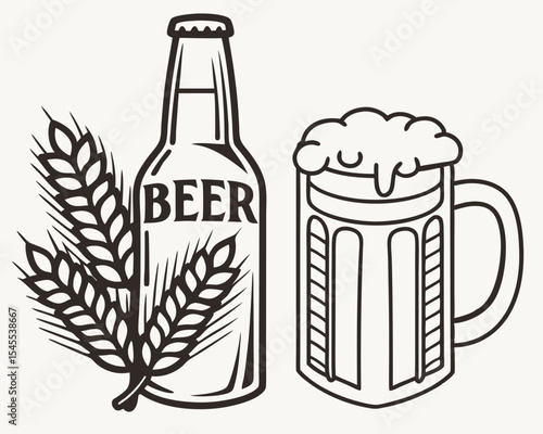 A classic black and white illustration featuring a beer bottle a beer mug and wheat stalks.