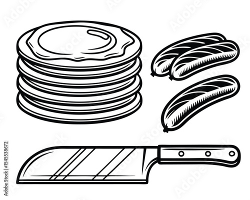 Black and white illustration of pancakes sausages and a butcher knife for food preparation.