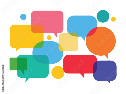 Colorful overlapping speech bubbles abstract composition illustrating communication discussion ideas messaging conversations.