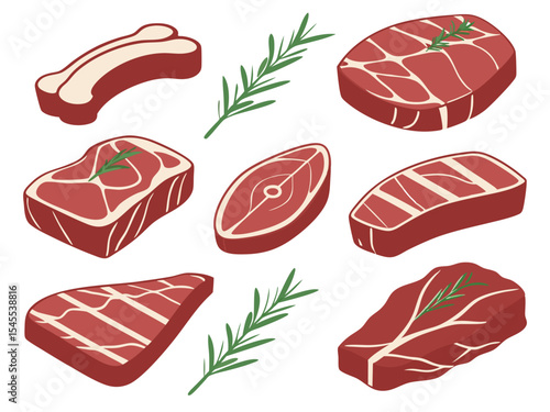 Vector illustration of different types of raw steak cuts and rosemary sprigs on white background.