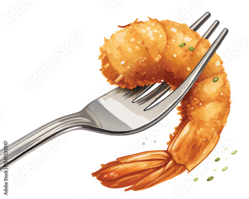 Delicious crispy fried shrimp pierced by a fork ready to eat fresh from the kitchen.