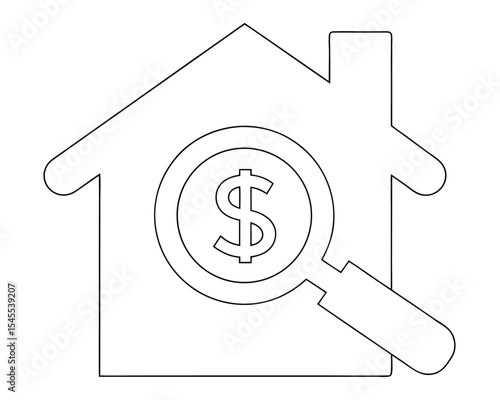 Simple black and white outline illustration of a house with a magnifying glass over dollar sign.