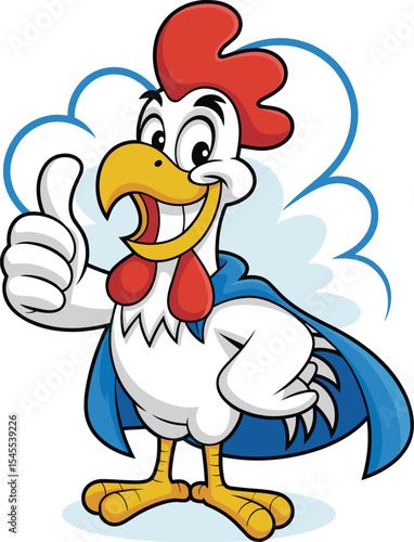  Confident Chicken Superhero Character with Blue Cape and Thumbs Up, Symbolizing Power and Success