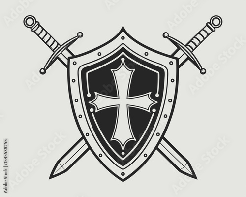 A black and white shield with a cross and two crossed swords on a light background. shield, sword, cross, emblem, medieval, knight.