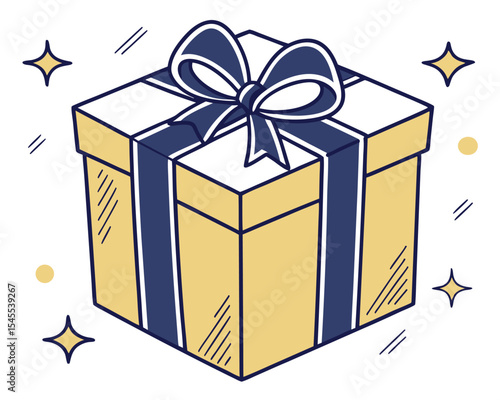 A stylishly illustrated yellow gift box with a blue ribbon and sparkles perfect for celebrations.