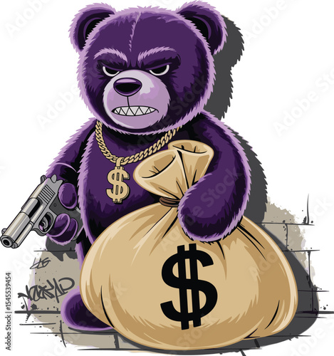 Aggressive Purple Teddy Bear Holding Gun and Money Bag, Representing Gangster, Thug, and Criminal Themes