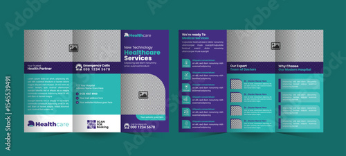 Modern trifold brochure design for medical services, perfect for hospitals and clinics, focusing on service promotion, patient benefits, and healthcare solutions, with a professional layout