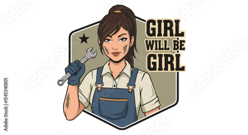 Girl with wrench in mechanic outfit breaking stereotypes