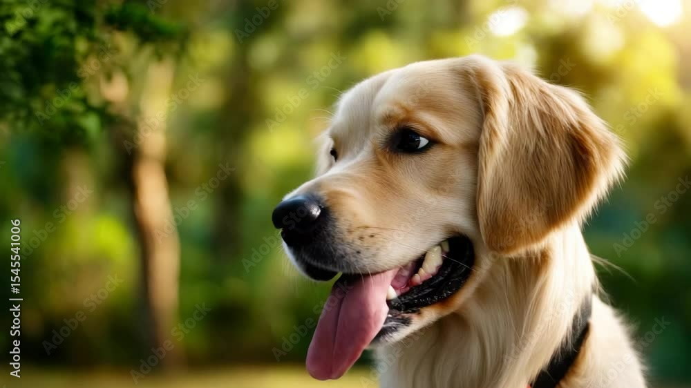 Friendly golden retriever puppy with a joyful expression in a lush green outdoor setting Friendly golden retriever puppy with a joyful expression in a lush green outdoor setting