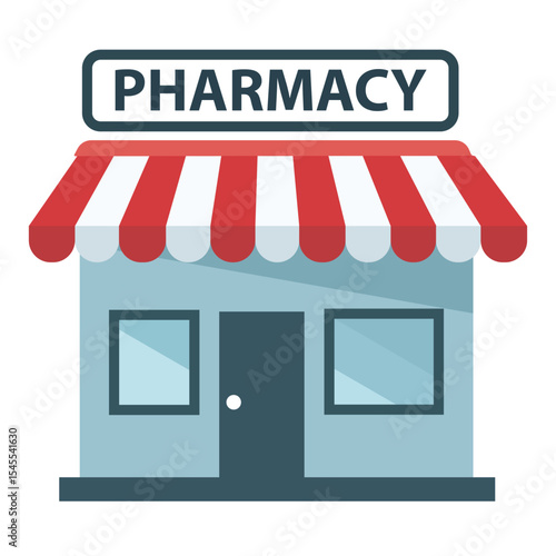 A cartoon pharmacy storefront with an awning, representing healthcare, medicine, and pharmaceutical services.
