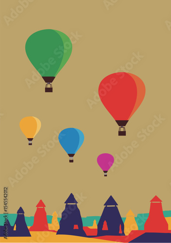Minimalist Flat Design Hot Air Balloons Over Cappadocia