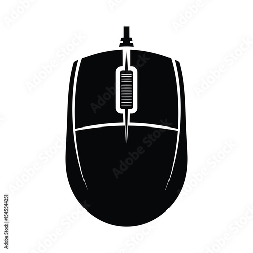 Simple black silhouette of a wired computer mouse.
