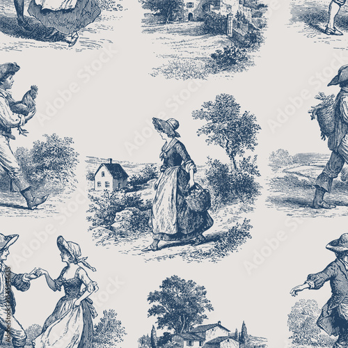 Seamless vector pattern with romantic pastoral scenes. Vintage engraving or ink drawing style vector illustration.