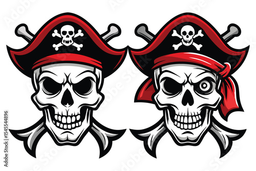 Two Pirate Skull Icons with Hat and Crossbones on a White Background