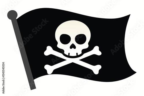 Pirate Flag Illustration with Skull and Crossbones on Black Waving Banner