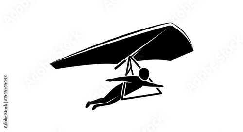 Silhouette of a Person in a Hang Glider Soaring Through the Air Against a Bright Sky Isolated on White Background