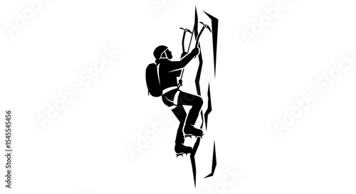 Silhouette of a Rock Climber Ascending a Vertical Cliff Face Highlighting Adventure and Determination Isolated on White Background