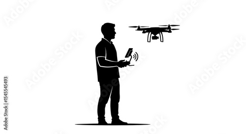 Silhouette of a Man Operating a Drone with Remote Control Isolated on White Background