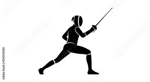 Silhouette of a Dynamic Fencer Lunging with Sword in Competitive Stance Isolated on White Background