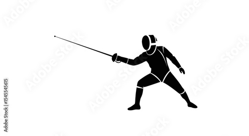 Silhouette of a Fencer in an Aggressive Stance Holding a Sword Isolated on White Background