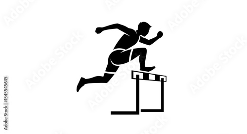 Silhouette of an Athlete Jumping Over Hurdles in Motion Isolated on White Background