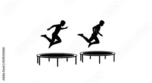 Silhouette of Two Individuals Jumping on Trampolines Creating Energy and Fun Isolated on White Background
