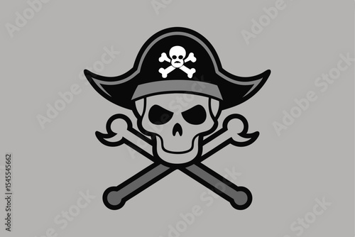 Cartoon Pirate Skull and Crossbones with Hat on a Gray Background