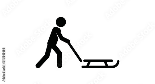 Silhouette of a Person Pushing a Sled in a Snowy Winter Landscape Isolated on White Background