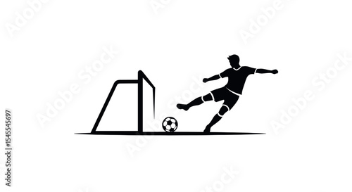 Silhouette of a Soccer Player Kicking the Ball Towards a Goal in Dynamic Action Isolated on White Background