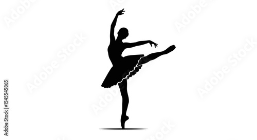 Silhouette of a Ballet Dancer in an Elegant Pose with Extended Leg and Raised Arm Isolated on White Background