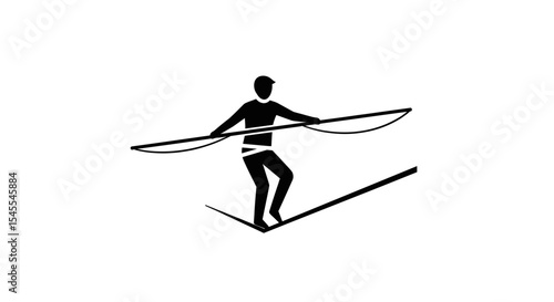 Silhouette of a Person Balancing Skillfully on a Tightrope Isolated on White Background