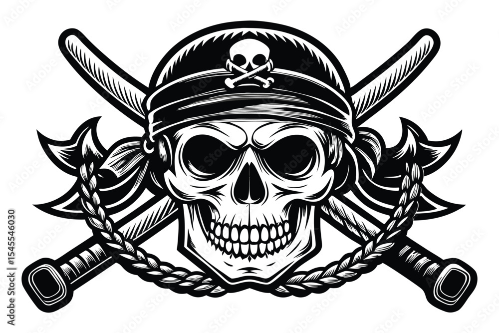 Fototapeta premium Pirate Skull with Crossed Swords and Bandana in Black and White