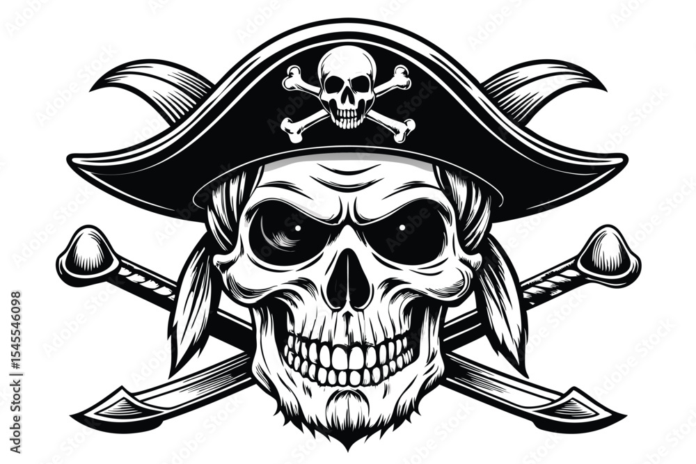 Fototapeta premium Black and White Pirate Skull with Hat and Crossed Bones Illustration