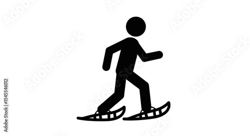 Silhouette of a Person Walking on Snowshoes in Winter Scene Isolated on White Background