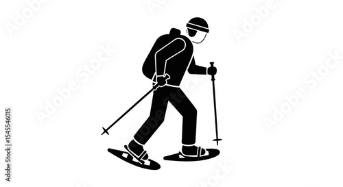 Silhouette of a Snowshoer Trekking Through a Snowy Landscape Isolated on White Background