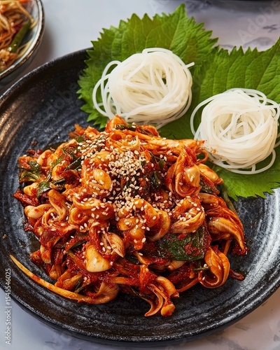 Korean Spicy Sea Snail Salad with Somyeon Noodles – Traditional Banchan Presentatio