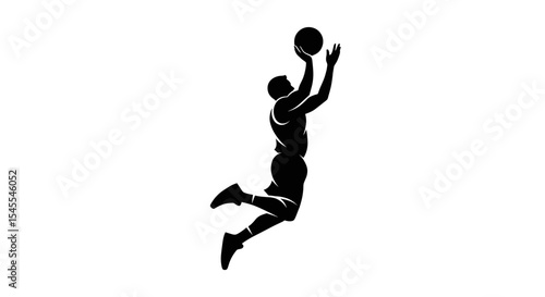 Silhouette of a Basketball Player Jumping for a Slam Dunk During a Game Isolated on White Background