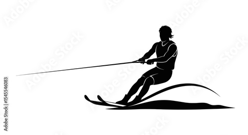 Silhouette of a Water Skier Gliding Swiftly Over the Water's Surface in Action Isolated on White Background