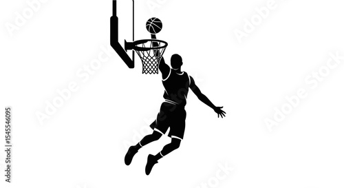 Silhouetted Basketball Player Making A Slam Dunk Isolated On White Background
